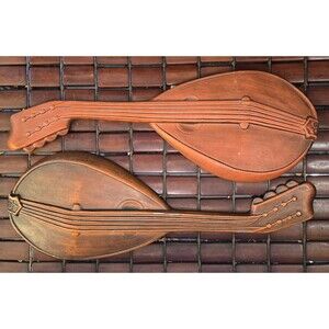 2 Vintage Royal Cast Metal Mid-Century Red Mandolin Wall Art Plaques